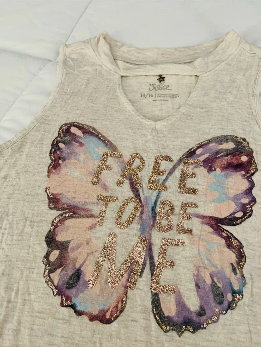 Justice Girls Cream Tank with Pastel Butterfly and Gold Glitter
